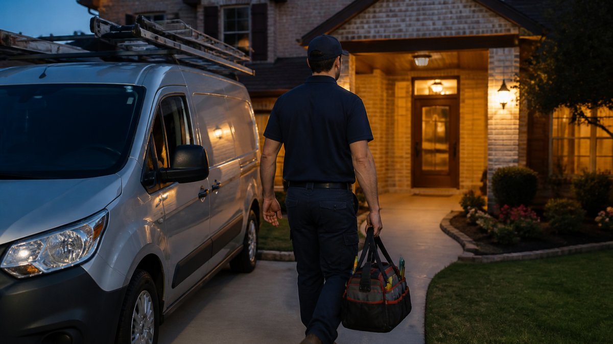 HVAC technician arriving at a home for emergency AC repair at dusk